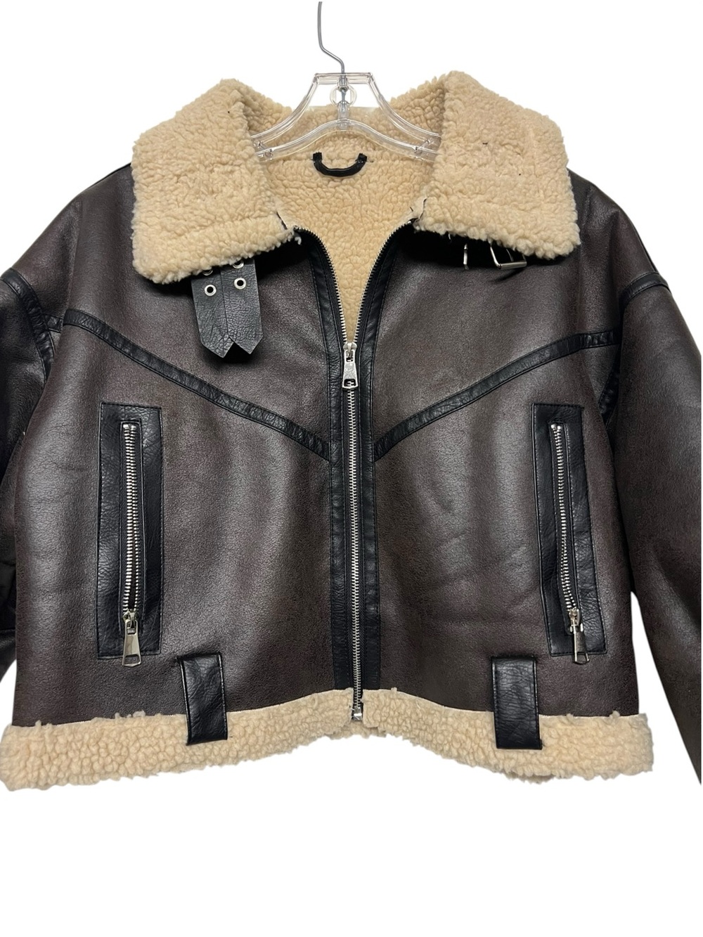 Faux Leather Shearling Trim Cropped Biker Jacket Sherpa Lined Chocolate Brown - Picture 2 of 7